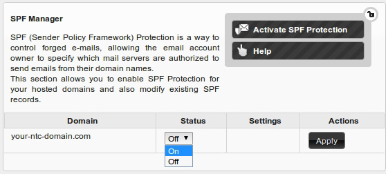 Enabling SPF protection is easy, using NTC Hosting Control Panel