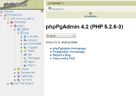 The phpPgAdmin interface