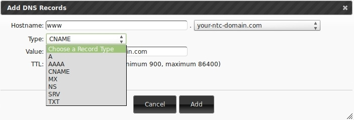 How to create a custom DNS record via the Control Panel provided by NTC Hosting